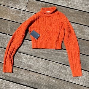 Burnt orange, knit sweater, turtleneck.